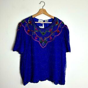 Cervelle ladies beaded sequin silk blouse top size 3X